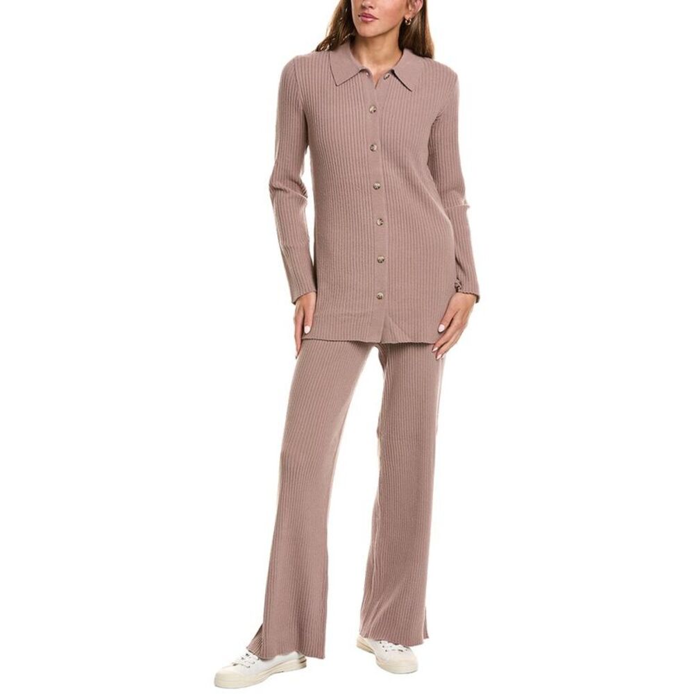525 America Womens 2Pc Rib Cardigan & Pant Set, Brown